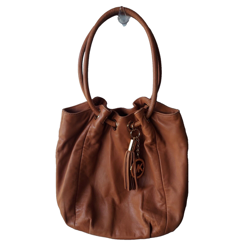 MICHAEL KORS Purse Tan Shoulder Bag Ring Handle Soft Leather Tassel Charm Brown